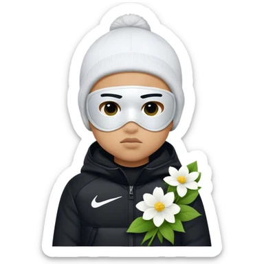 Light skin little boy with a Nike ski mask and wearing a black jacket with white flowers on it sticker