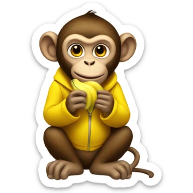 monkey eating a banana wearing a yellow coat sticker
