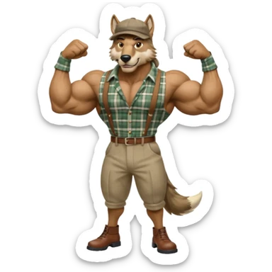 extremely super-duper hyper muscular wolf furry extremely exaggerated muscles with chiseled face, horse-length bullneck and an elongated snout, wearing a plaid dress shirt halfway buttoned, khaki dress slacks and very large newsboy cap on his head while flexing his bicep muscles sticker