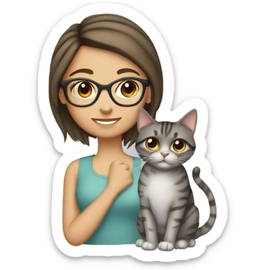 girl brown hair glasses with grey tabby cat sticker