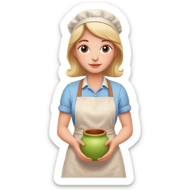 cartoon Apple iOS emoji style woman, pastel colors, Chilean wooden kitchen background, clay pots, warm light, detailed and clean vector art sticker