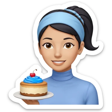  tan skin woman with long face, and short black hair slicked back ponytail with forehead showing, wearing a periwinkle colored headband and wearing pale blue turtleneck shirt, eating tiramisu smiling with hair pulled back sticker