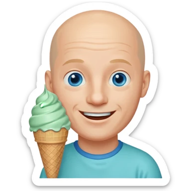 Smiling Bald man with blue eyes putting a mint ice cream cone in his mouth sticker