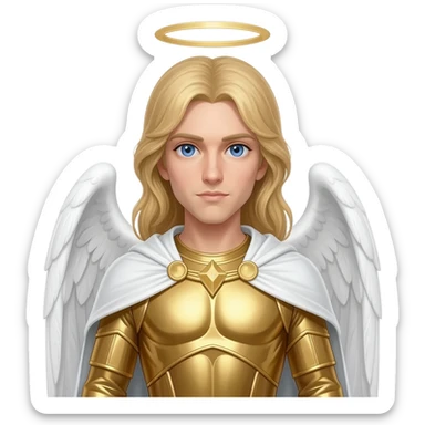 Archangel Michael from Christian Mythology with blue eyes, long blonde hair, gold metallic tunic, white metallic cloak sticker
