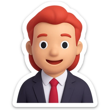 Headshot of a red-haired man in a black suit with a red tie, smiling, showing only the head and a bit of the torso, no beard, 3D emoji style, with no background. Use 3D emoji style as a reference for the general editor. sticker