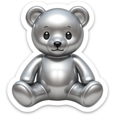 A cute teddy bear emoji made of liquid silver chrome, smooth rounded body, glossy metallic surface, soft reflections, friendly proportions, iOS emoji style, centered, clean white background sticker