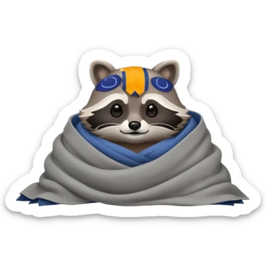 A raccoon sleeps under a blanket against the backdrop of an open window with the moon sticker