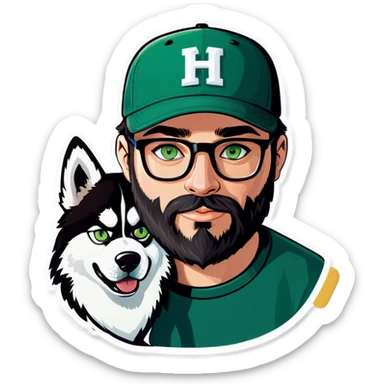 A bold man with a grey baseball cap, green eyes, big beard and glasses holding a husky dog sticker