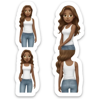 girl with long ￼layered hair hazelnut brown hair, dark green eyes and freckles standing wearing a white tank top and light blue denim jeans sticker
