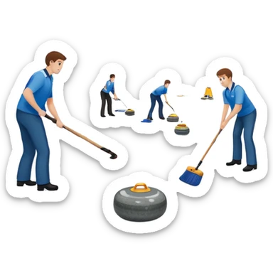 An icon showing a curling match on an indoor ice stadium, with a polished curling stone gliding toward the target and players sweeping. Spectators watch from stands, and flags hang above the rink. Transparent background highlights strategy and focus in the sport of curling. sticker