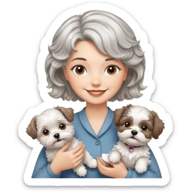 silver, short, wavy-haired with loose curls, smiling pretty lady holding a westie terrier dog and a shih tzu dog sticker