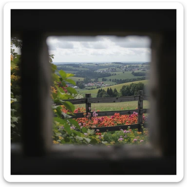 "Two shot" in the foreground, blurred plants in the foreground (frame within a frame), a wooden fence and colorfull flowers in the midground, Poland, rolling hills in the background, cinematic depth of field, layered composition, natural lighting sticker