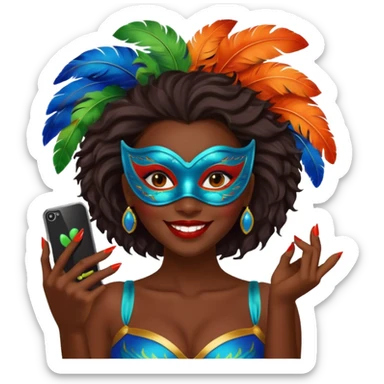 i need the same girl in "dark skin girl, dark red lipstick, nails very beautiful" to be smiling in "carnival mas costume, blue, green and orange preferably, full costume feathers at the back" she is to be smiling and happy with a phone in her hand taking a pico  sticker