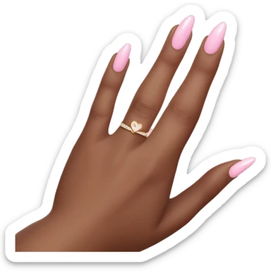 brown hand with light pink french tip nails with heart on ring finger and pear shaped diamond ring on ring finger, left hand sticker