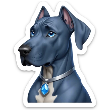 Cinematic Noble Blue Great Dane Portrait Emoji, Poised and regal, with a towering, muscular build and a sleek, well-groomed deep blue Fur, deep-set soulful steel-blue eyes, Simplified yet sharp and sophisticated features, highly detailed, glowing with a cool, dignified glow, high shine, intelligent and commanding, stylized with an air of majesty, focused and attentive, soft glowing outline, capturing the essence of a watchful and authoritative guardian, so majestic it feels as though it could stride out of the screen with effortless authority! sticker