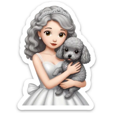 beautiful girl in a wedding dress hugging a small gray poodle sticker
