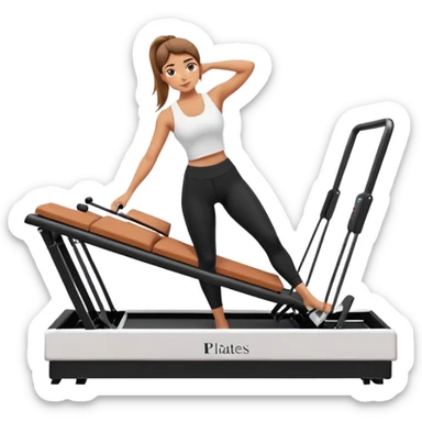 Girl on a Pilates reformer machine, mid-exercise, wearing leggings and a top






 sticker