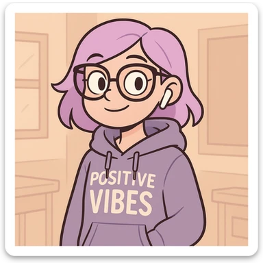 cute and modern digital avatar of a teenage girl with pastel lavender dyed hair, oversized glasses, stylish hoodie with English phrases, wireless earbuds, confident and friendly expression, standing in front of a soft background with abstract classroom or city elements, clean 2D digital illustration, slightly cartoonish but polished, Instagram-style color palette sticker