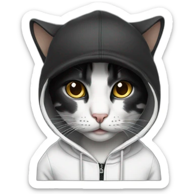 cat wearing a black ball cap and a white hoodie with the hood up sticker