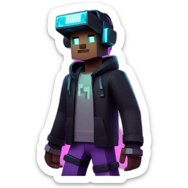 Minecraft steve wearing a black hoodie with "OMG" letters on it and VR headset in a cyberpunk VR environment with violet neon lighting. sticker