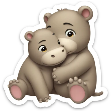 tan teddy bear hugging a baby hippo sticker