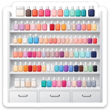 big beauty salon showcase with well-organized brand-labeled beauty products on a white shelves sticker