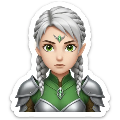 battle elf, tight braid, silver armor, fierce stare sticker