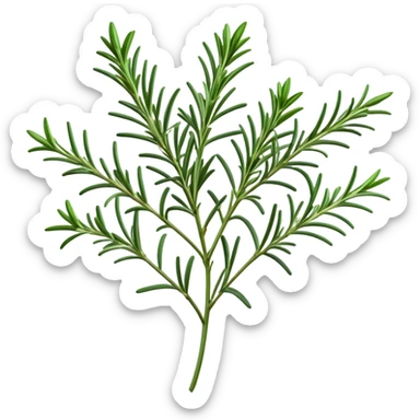 Cinematic Realistic Rosemary Emoji, Fragrant and fresh, with slender green stems covered in needle-like leaves, which release a distinctive herbal scent. The plant seems to exude energy, with soft sprigs of leaves stretching upwards. Soft glowing outline, capturing the essence of earthy healing and aromatic delight in a sprig of rosemary! sticker