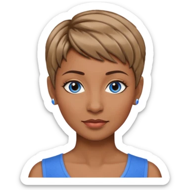 Frau, braun mit dunkelblonden spitzen, kurzhaarfrisur Pixie schnitt, blaue Augen, mittleres alter sticker