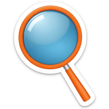 A stylized blue magnifying glass tilted right, flat design, minimalist, vibrant orange handle, white circular background, high resolution, 2048x2048 pixels, vector art, clean lines sticker