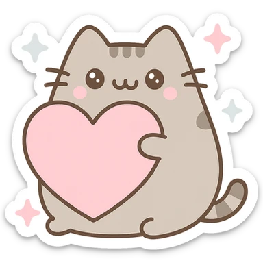 Add sparkles around Pusheen and the big heart, keep pastel pinks and blues, super adorable, kawaii style, with no background sticker
