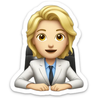 Blonde white woman wearing a suit sitting on the table telling the news towards the camera sticker