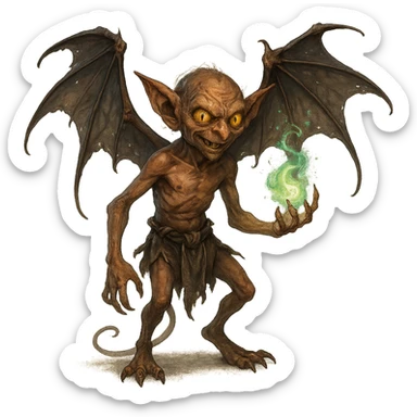 Igor the mephit, impish character with bat wings, magical vibe, fantasy style, detailed sticker