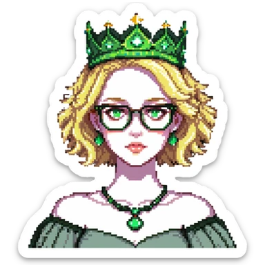 beautiful princess with blonde hair, striking green eyes, wearing glasses and a crown sticker