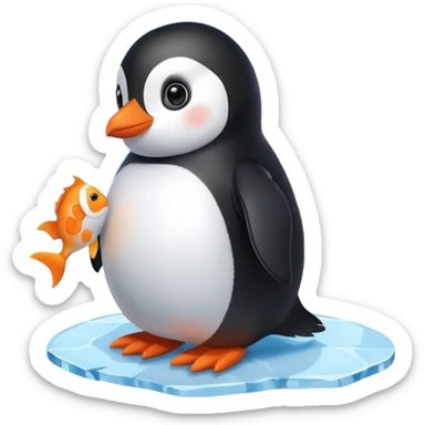 A cute penguin doll holding an orange fish doll in its hands.
A house of ice behind it. sticker