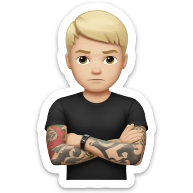 male memoji, blonde man with tattoos on arms, black t-shirt, arms crossed, intense stare, edgy rebel vibe sticker