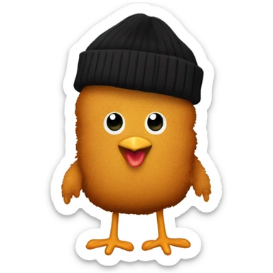 A cute chicken nugget with arms, legs, and cartoon eyes. Wearing a black beanie sticker