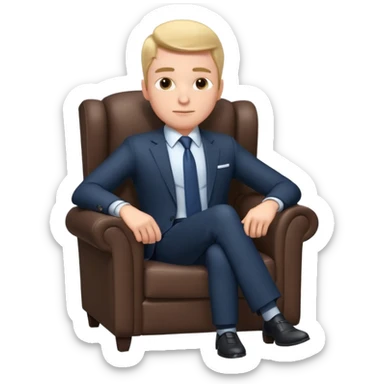 businessman sitting in an armchair, confident relaxed pose, formal suit and tie, professional corporate vibe, 3D cartoon style, mobile game icon style, clean background, no text, no watermark
 sticker