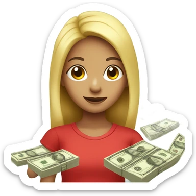 a girl with fresh hair and a red T-shirt holding the money sticker