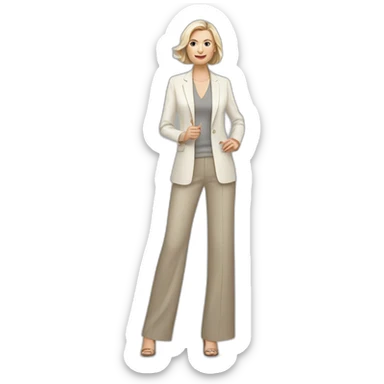 Full height Actively gesturing with hands pale skin woman with ash blonde Straightened bob Hair, White Spacious classical jacket, beige palazzo Arrow pants and gray blouse sticker