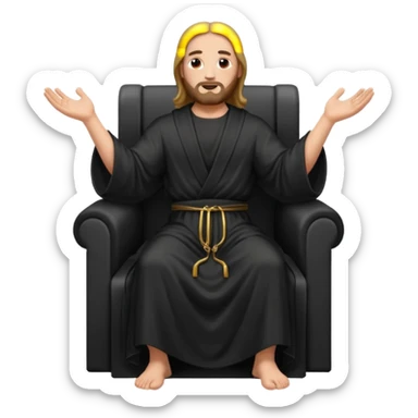 fullbody bald jesus christ jacked, sleeveless black robe sitting hands on armrests sticker