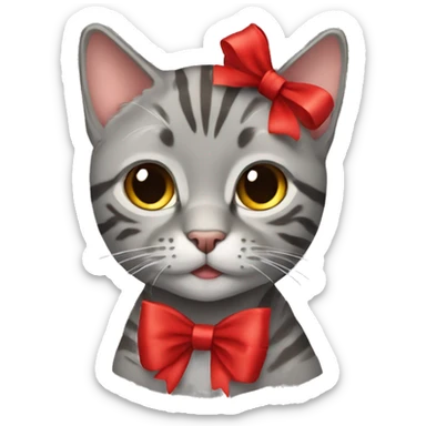 gray tabby cat with red bow sticker