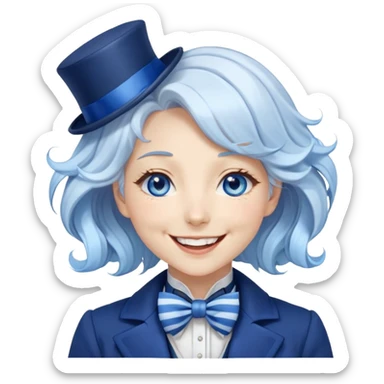 Beautiful gorgeous anime lady with white wavy hair with thin blue stripes, blue eyes, blue short top hat with a blue bow tie, smug grin, laughing, happy, blue coat, blue cravat, white gloves sticker