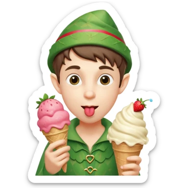 
A young elf boy in leafy clothes licking a triple-scoop ice cream with wide eyes.
baby elf with strawberry ice cream




 sticker