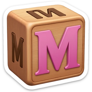 A rounded toy block with the pink letter "M" on it sticker