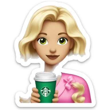 blonde with bright green eyes drinking pink starbucks wearing a pink bow in long wavy blonde hair sticker