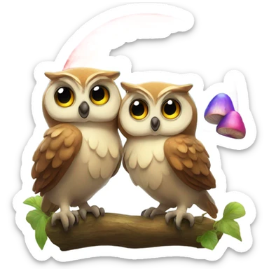 Two owls excited about a lot of rainbow mushrooms  sticker