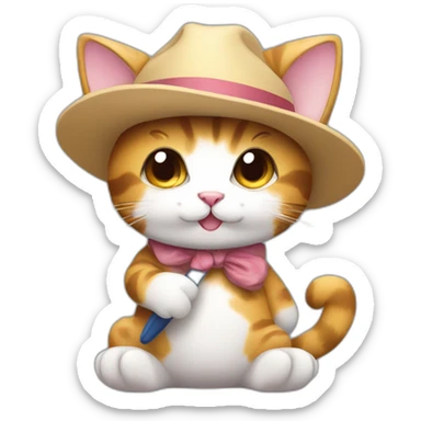 Kawaii cat artist in hat with palette and brush so it can be used as a mouse cursor sticker