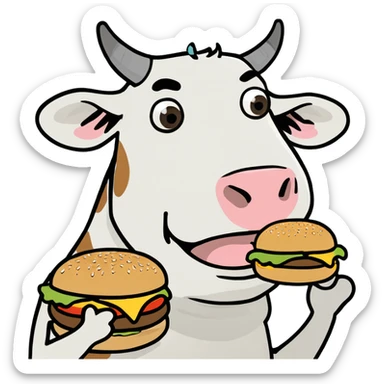 cow on a stool standing on two legs eating a burger sticker