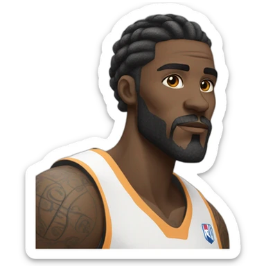 dark skin basketball player with tattoos, beard, short braided hair wearinf black and white jersey sticker